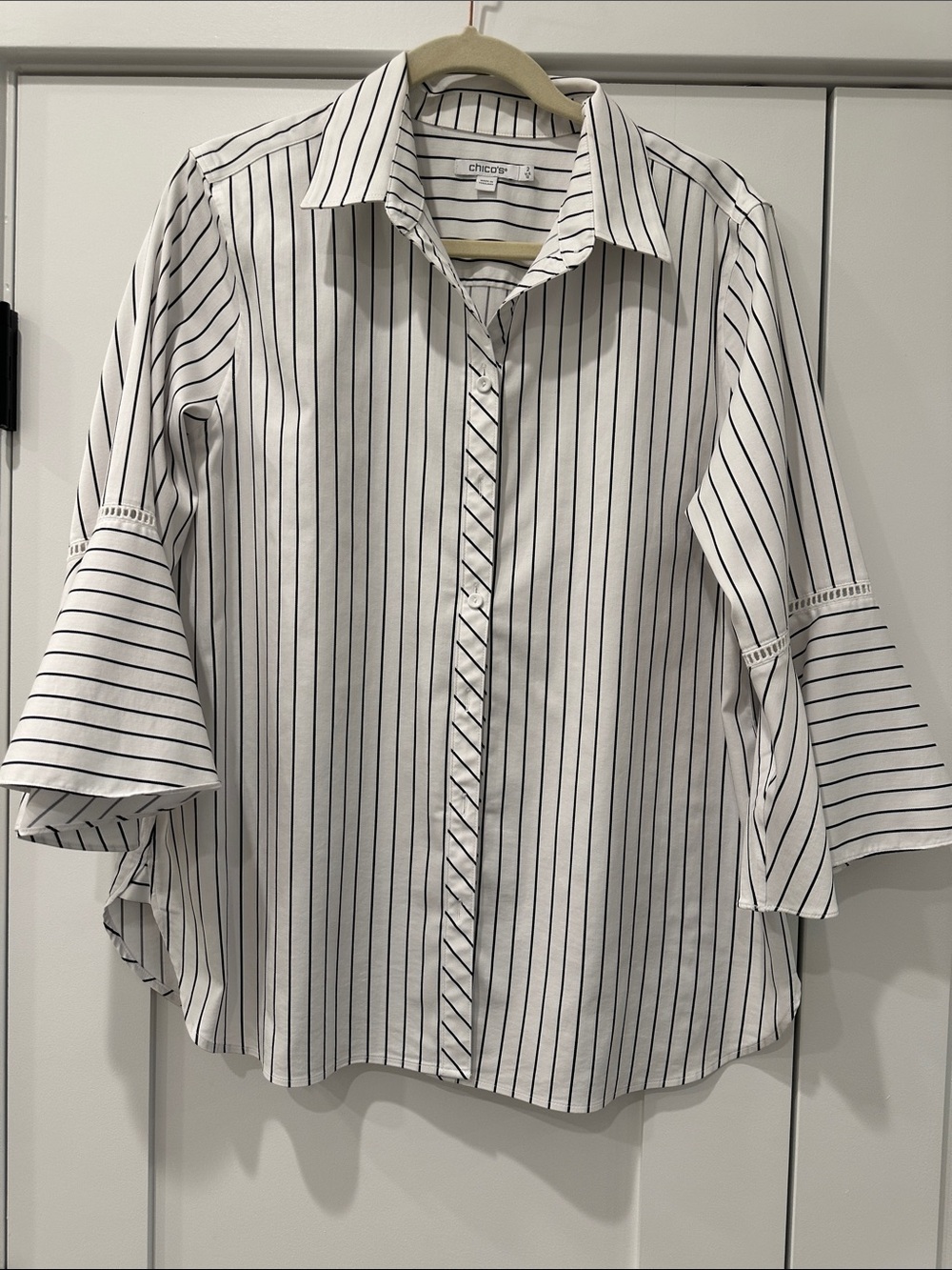 Chico's White Shirt with Navy Pinstripes and Bell Sleeves